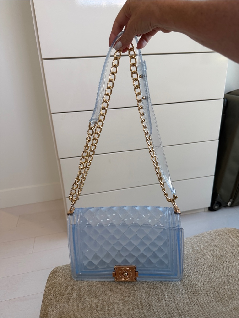 Clear Quilted Stadium Shoulder Bag with Gold Accents